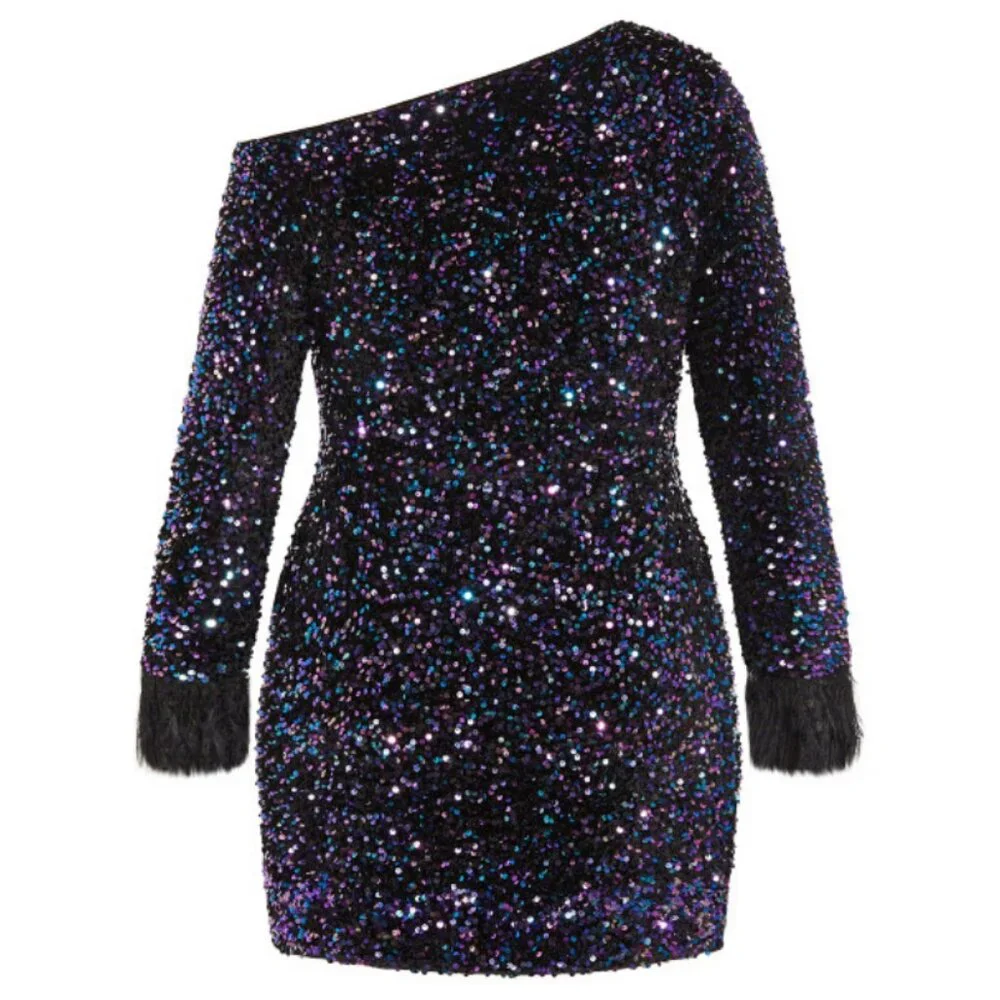 NWT City Chic One Shoulder Multi Sequin Mini Dress 18